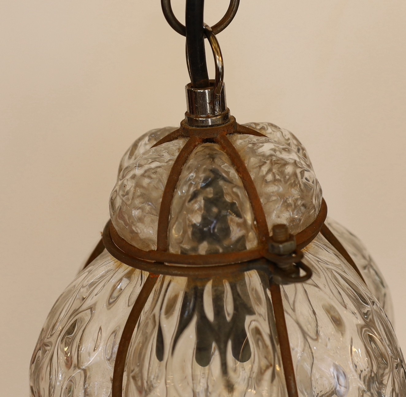 An Italian blown glass and metal light pendant, height including chains 54cm